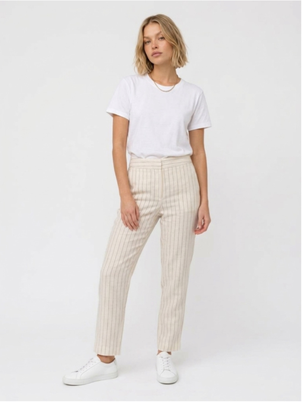 Women's Lafayette 148 New York Striped Trousers Beige Grey Size 4